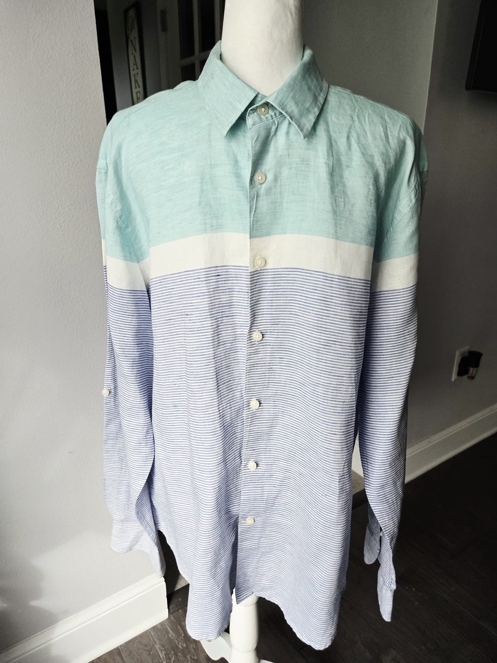 Marks & Spencer Men's XL Linen Blend Colorblock Striped Long Sleeve Shirt